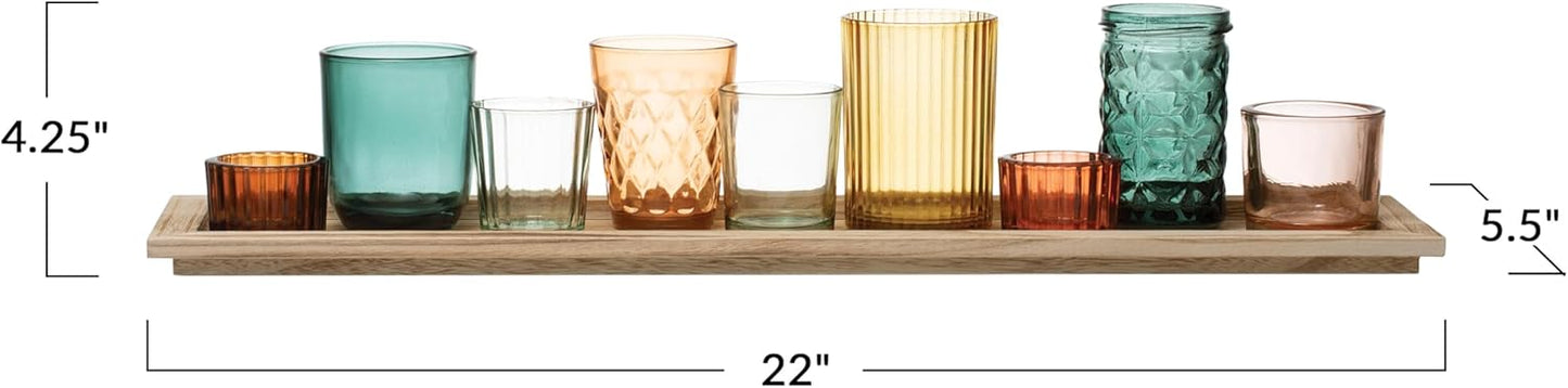 Creative Co-Op Round Glass Votive Holders on Wood Tray, Yellows & Greens, Set of 9