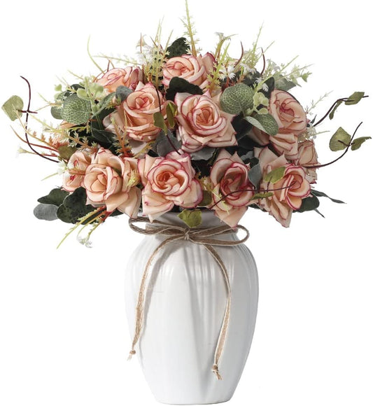 LESING Artificial Rose with Vase,Fake Silk Flowers Bouquets in Vase Table Centerpiece Arrangement for Kitchen Living Room (Pink)