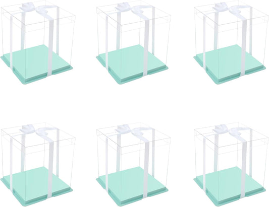 XININSUN 4inch clear cake box with ribbon,7x7x8inch small cake carrier,Bakery Take Out Transport Containers clear gift boxes for wedding,birthday,party(6pcs-green)