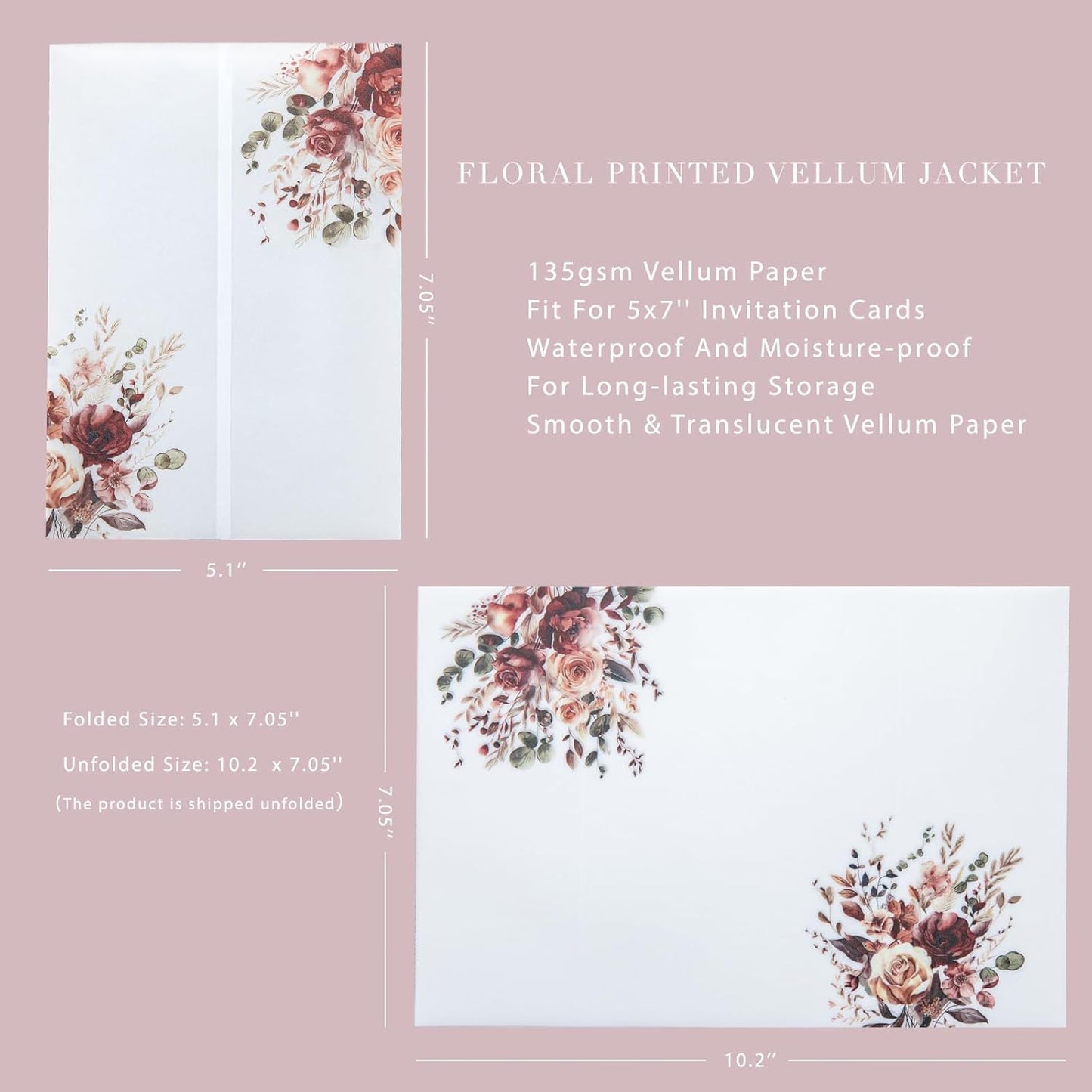 PONATIA 50PCS Vellum Jackets for 5x7 Invitation Cards- 135GSM Burnt Orange Floral Printed Vellum Sleeves, Quinceanera Wedding Invitation Cards Wraps, Transparent Christmas Gift Cards Jackets