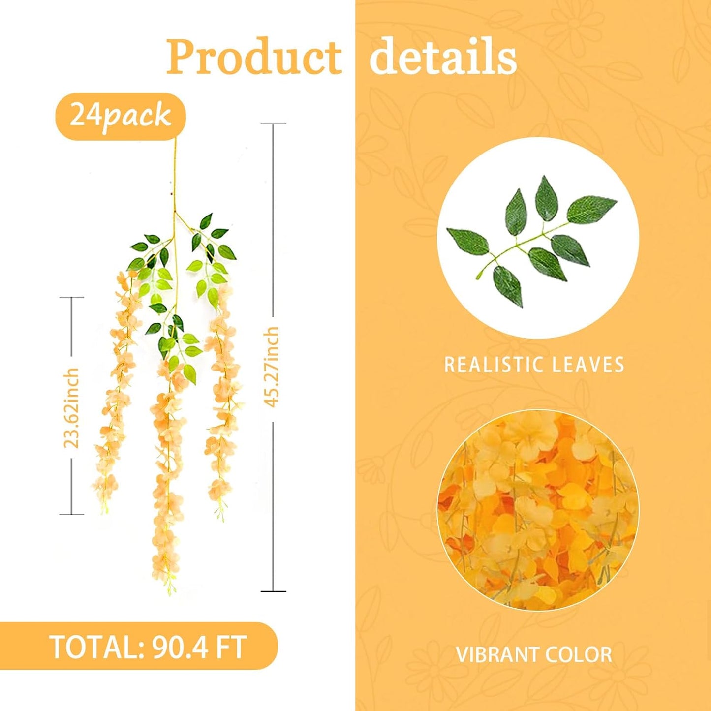 24 Pack Orange Wisteria Hanging Flowers Garland, 3.77 Feet Artificial Flower Vines, Fake Wisteria, Artificial Vines Hanging Garland for Backdrop Outdoor Yard Garden Decor