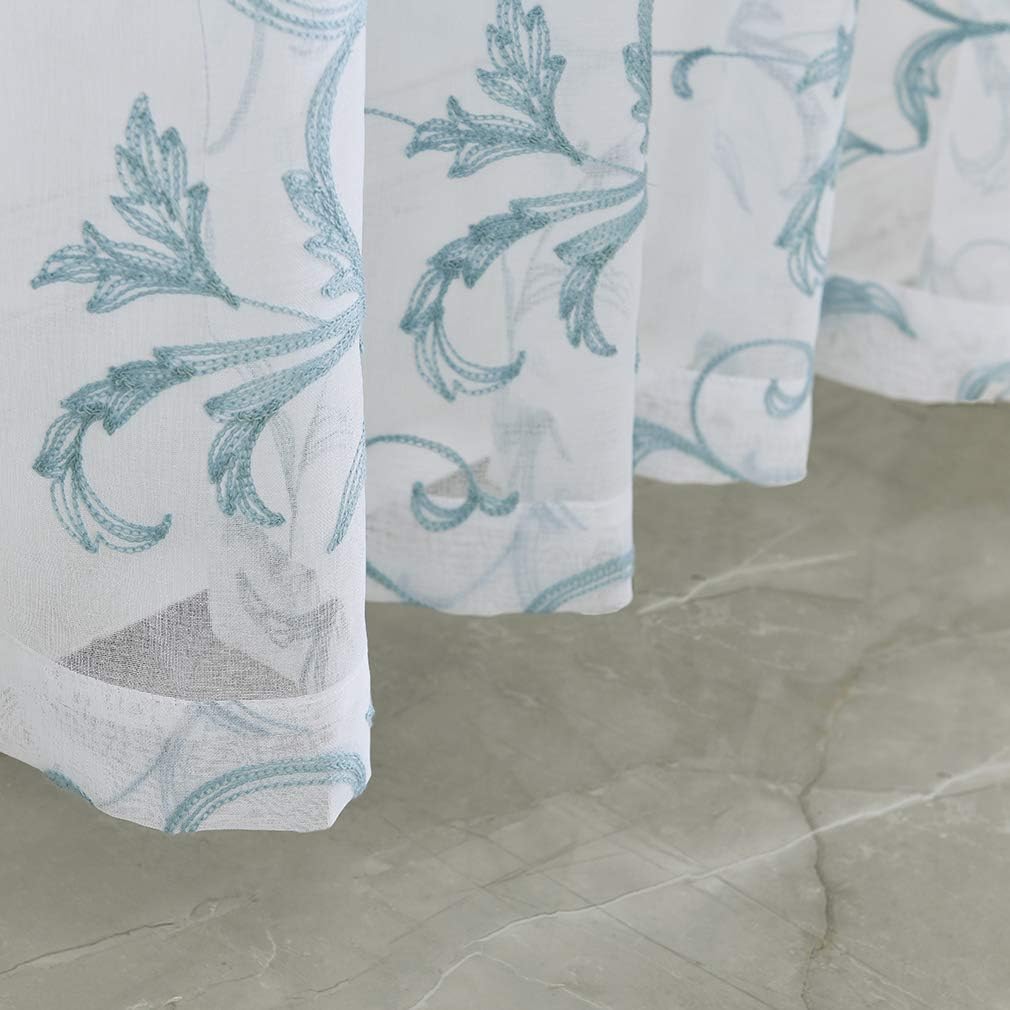 Embroidered Floral Sheer Curtains Blue 63 Inch , Rod Pocket Voile Drapes for Living room, Bedroom, Vintage Embroidery Semi Crinkle Curtain Panels for Yard, Patio, Villa, Parlor, Set of 2, 52"x 63".