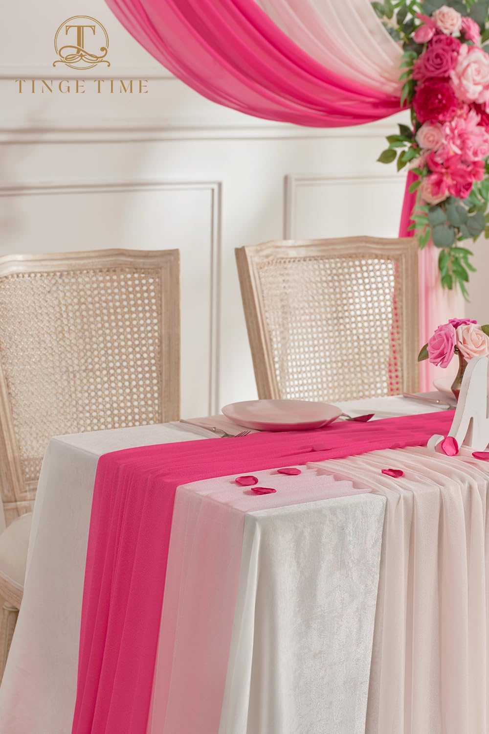 TINGE TIME 3 Panels Wedding Arch Draping Fabric, 30" x 20ft Hot Pink Chiffon Fabric Drapery Sheer Backdrop Curtain for Weddings Ceremony Party Decoration,Wedding Arch Drapes for Weddings Ceremony