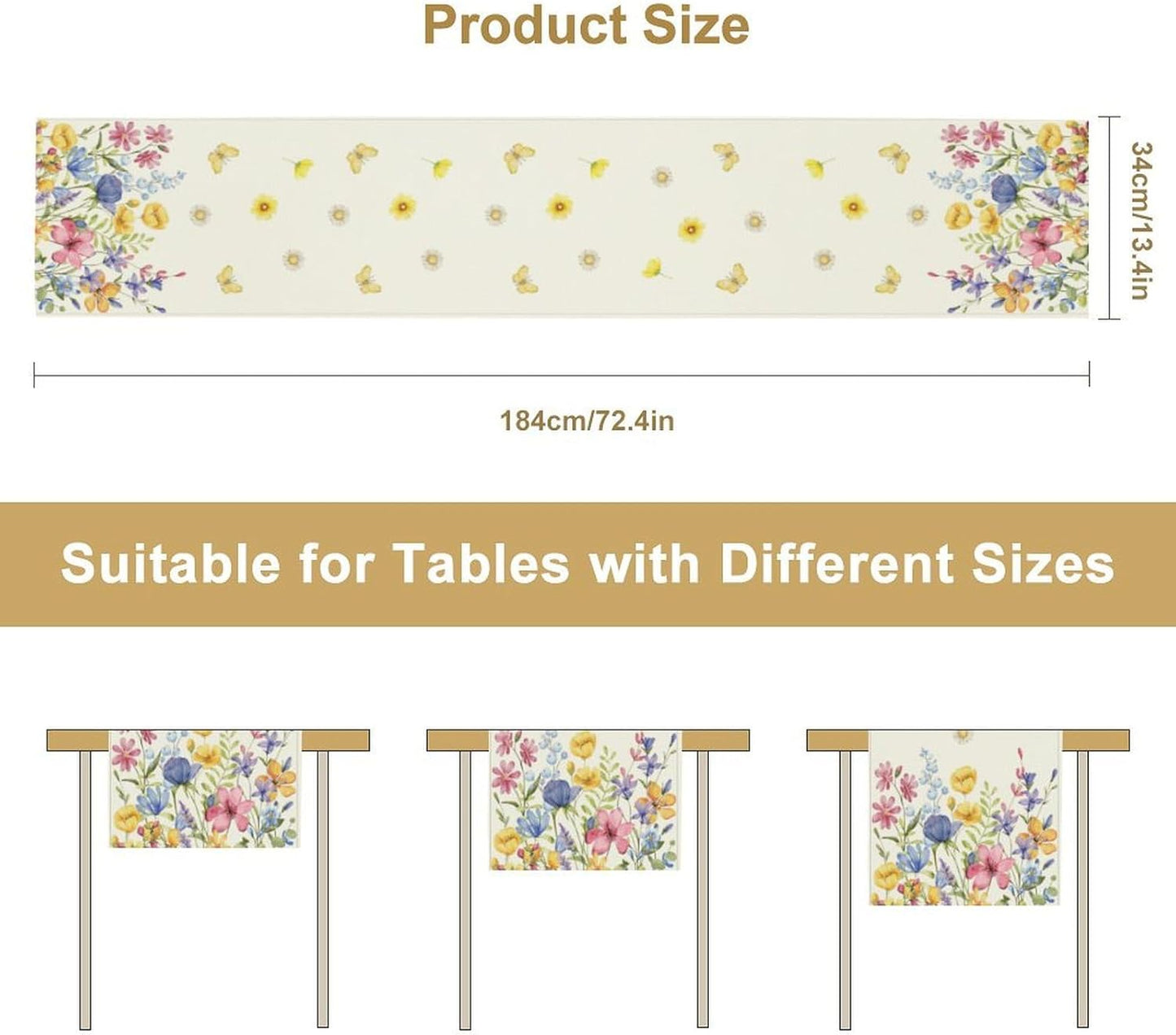 Flower Table Runner, Colorful Watercolor Pink Flower Plants Nature Butterfly Table Runner for Kitchen Dinner Living Room Home Party, 13x90 Inch