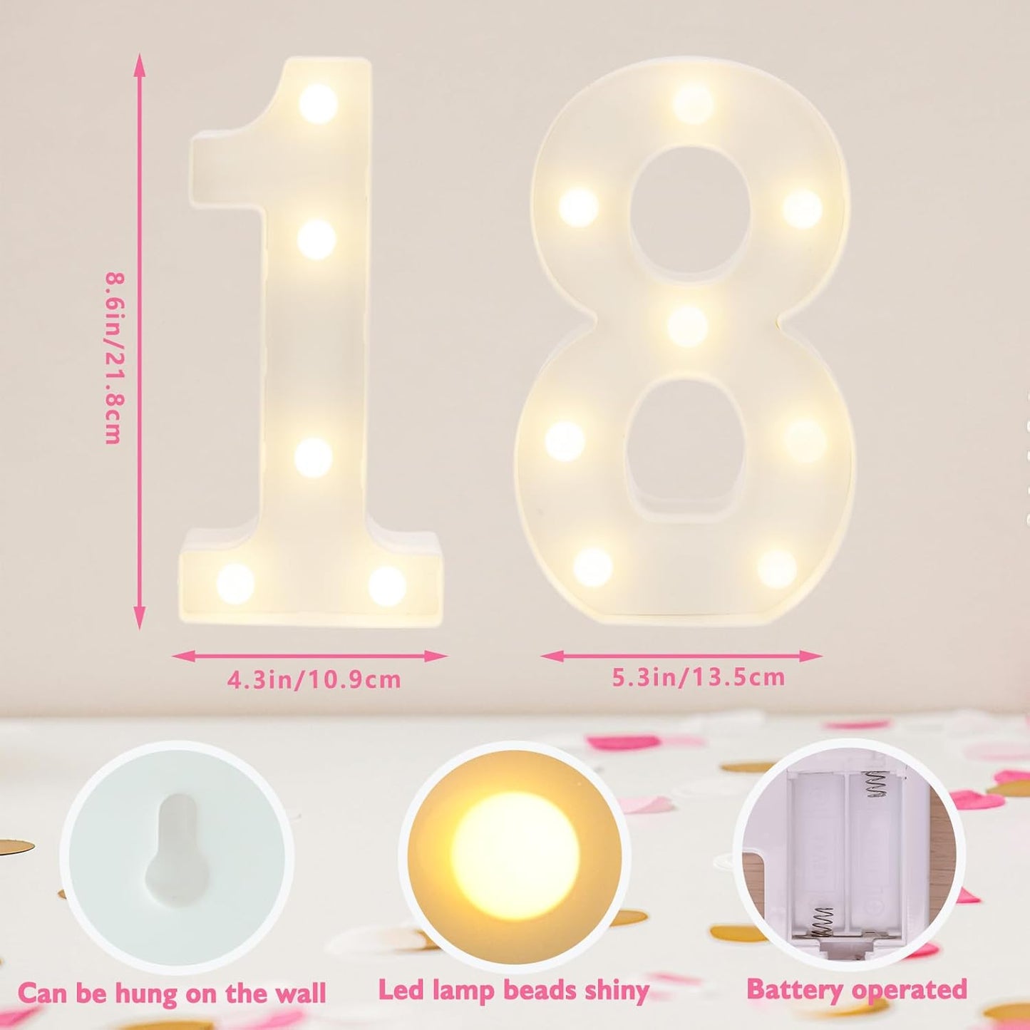 Decorative Led Light Up Numbers, 18th Birthday Decorations, Warm White Led Numbers Lights, Lighted Marquee Number Sign for Sweet 18th Party Decor