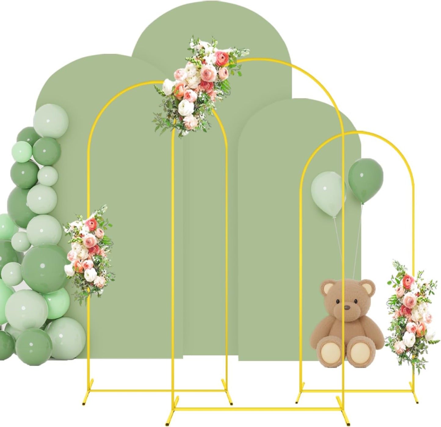 FOTSHARER Arch Backdrop Stand and Cover Set 4FT 5FT 6FT Balloon Arch Stand and Sage Green Arch Cover Set of 3 Gold Wedding Arch Frame for Birthday Party Bridal Shower Ceremony Decorations