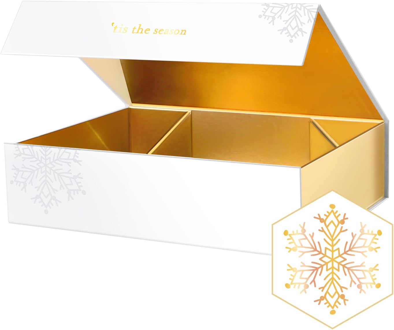 PACKHOME Christmas Gift Box 13x9.7x3.4 Inches, Large Gift Box with Lid, Sturdy Shirt Box with Magnetic Lid for Wrapping Gifts (Gold Snowflake Pattern)