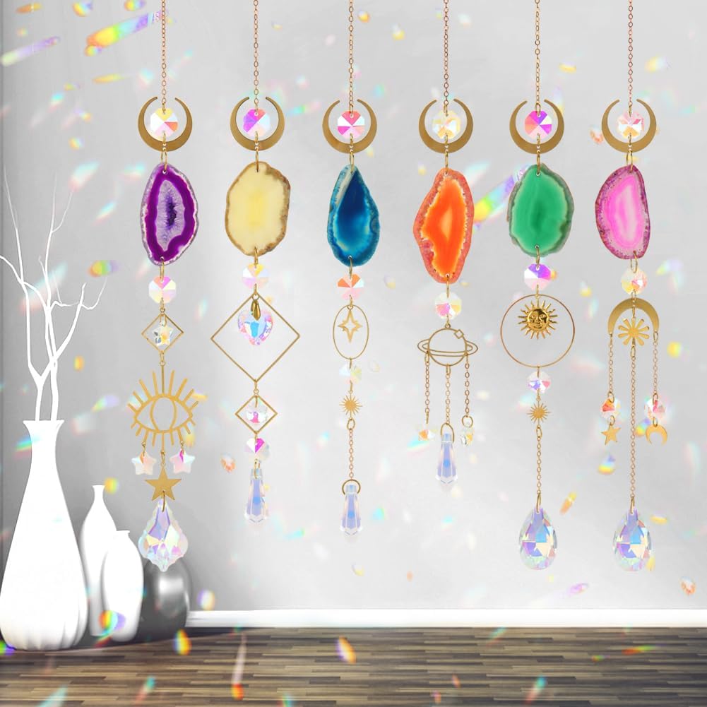 Sun Catcher, 6 pcs Sun Catchers with Crystals Prism Agate Slices Bulk Outdoor Garden Indoor Hanging Decor for Home Car Window Christmas Party Wedding Gift