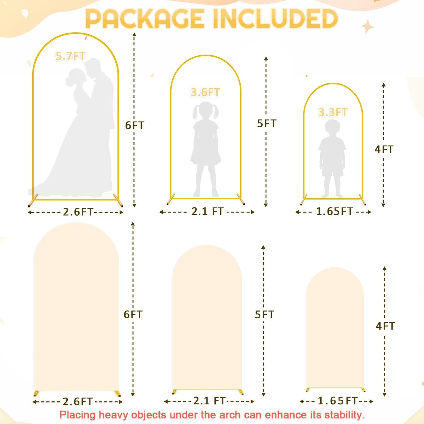 Party Arch Backdrop Stand and Cover Set of 3 (6FT, 5FT, 4FT) Metal Arch Frame Balloon Party Backdrop Arches Stand with Beige Arched Covers Stretchy Backdrops for Baby Shower Birthday Ceremony Decor