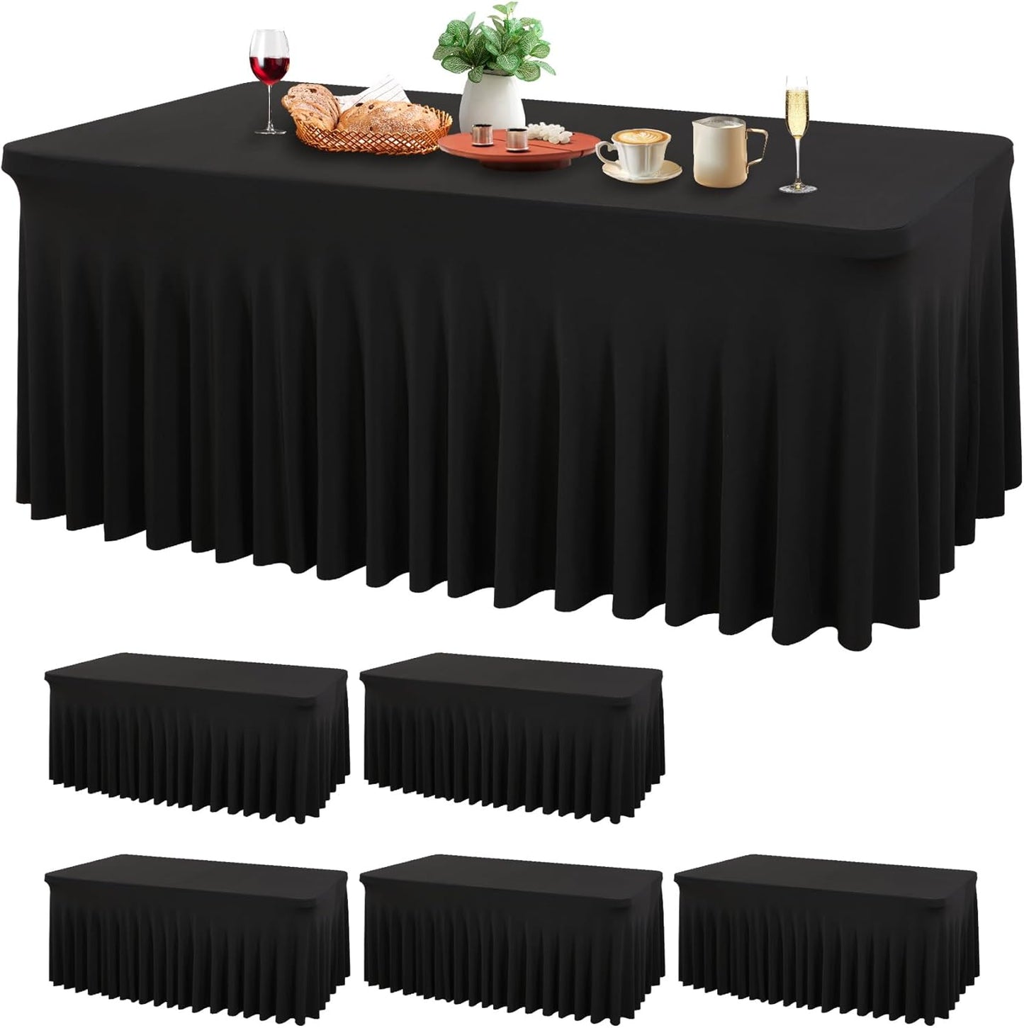 Wish Care 6 Pack Black Spandex Table Cloths for Rectangle Tables 4ft - One-Piece Wrinkle Free Fitted Table Cover 4 Foot Table Stretch Tablecloths for Party, Banquet, Wedding and Events
