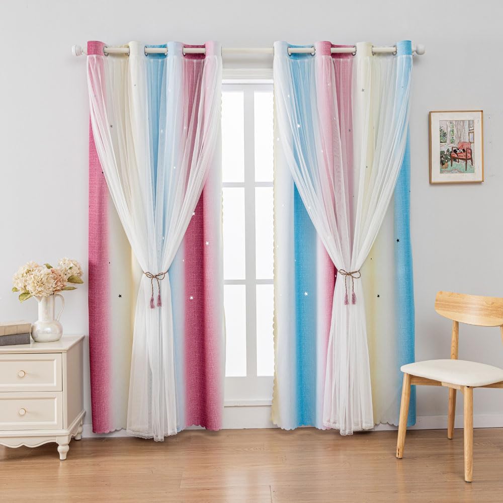 FANLI Ombre Rainbow Blackout Curtains for Kid Girls Bedroom Living Room Darking Stripe Double Layer Star Cut Out Wall Home Decor Gradient Grommet Window Curtains （Blue Purple 52Wx63L）