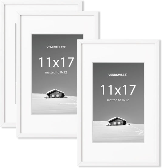 11x17 inch Picture Frame, 11x17 Photo Frames with 8x12 Removable Mat - High Definition Plexiglass - Vertical and Horizontal Display - Wall Hanging Frame - White, 3 Pack