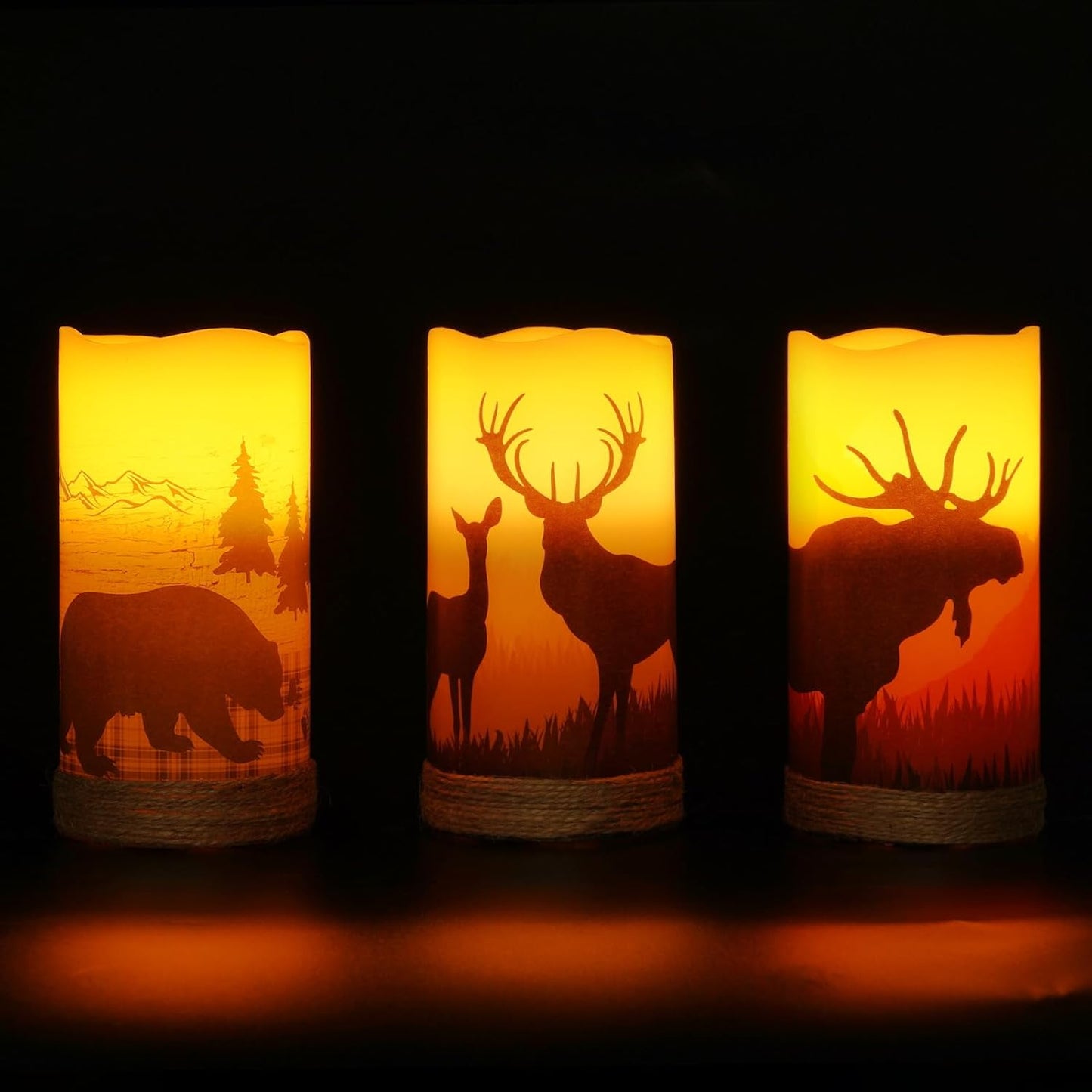 Homemory Christmas Flameless Candles Battery Operated with Rope, Deer, Bear, Moose, Remote Control and Timers, Rustic Country Home Farmhouse Cabin Decor Gifts, 3”x 6”