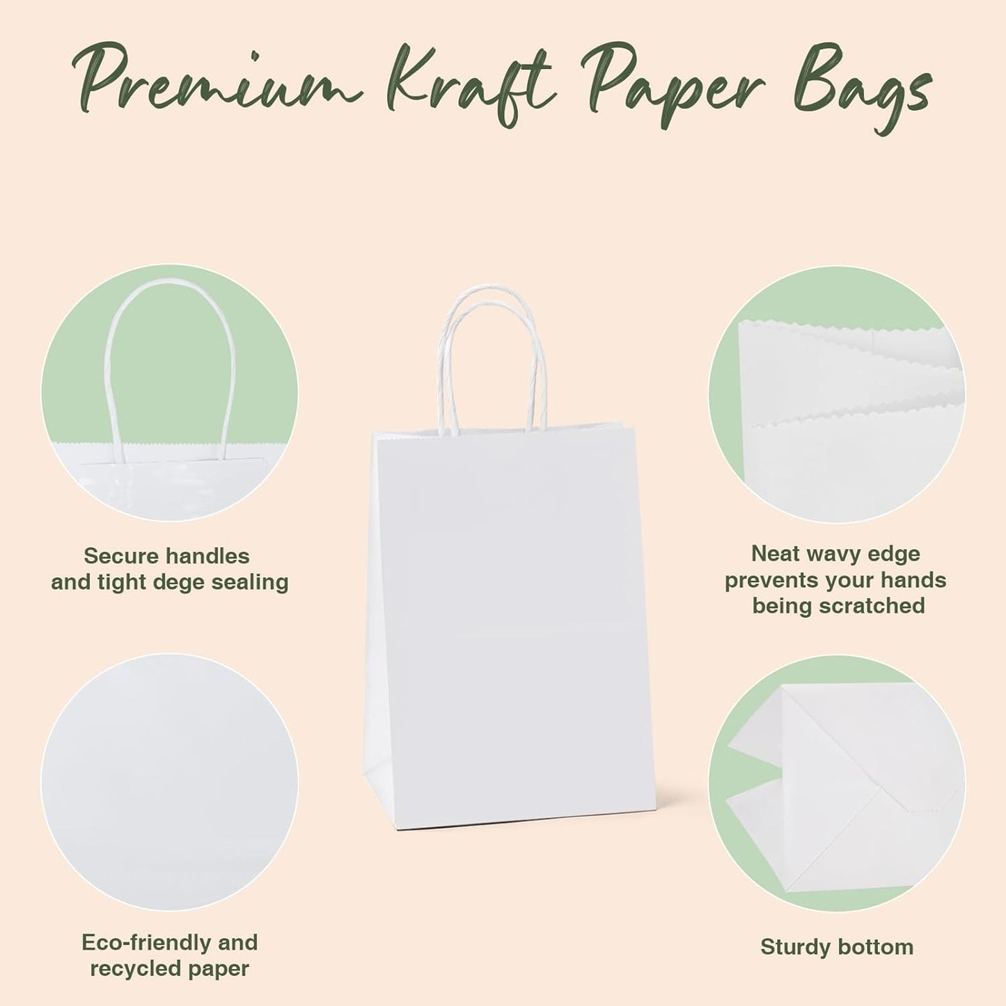 GSSUSA 50 Pcs White Kraft Paper Bags 5.25x3.75x8, Small Paper Bags with Handles for Shopping, Gift, Merchandise, Retail, Party Favor, Wedding, Gift, Bags for Small Business, Boutique