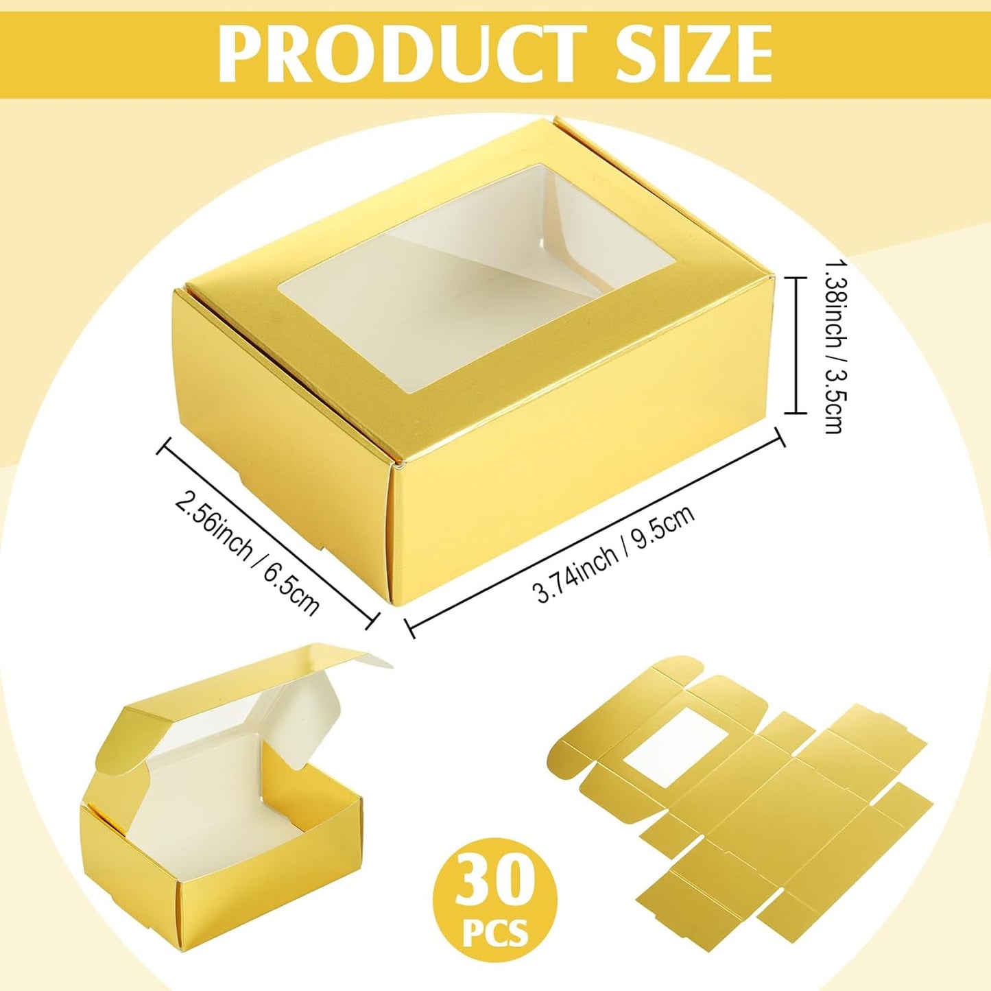 Zonon 30 Pcs Soap Boxes for Homemade Packaging, Mini Kraft Treat Boxes with Window for Bakery Candy Soap Making Gift Packaging(3.7 x 2.6 x 1.37 Inch,Gold)