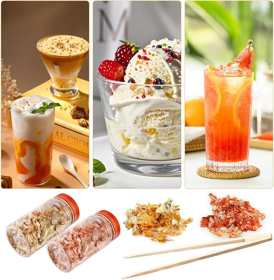 Joyzan Gold Flakes, Gold Foil Leaf Decoration Imitation Metallic Chocolates Baking Sheet Cake Decor Tweezers Resin Cooking Dessert Makeup Nail Art DIY Craft Jewelry Making Painting Slime 20g 2 Bottles