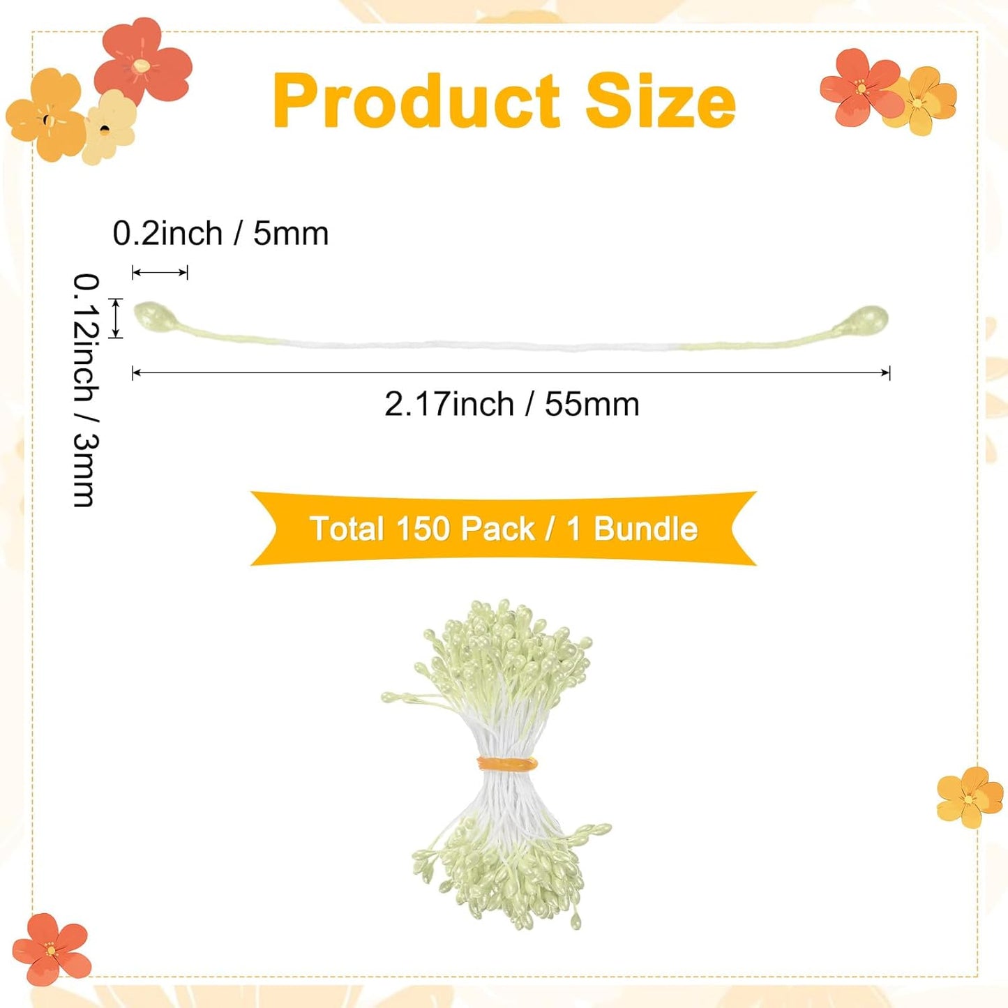 150-Pack Flower Stamens for Crafts, 5mm Double Heads Artificial Pearl Floral Pistil Mini Flower Pollens Stamens for DIY Making/Wedding/Scrapbook Decoration [Light Yellow]