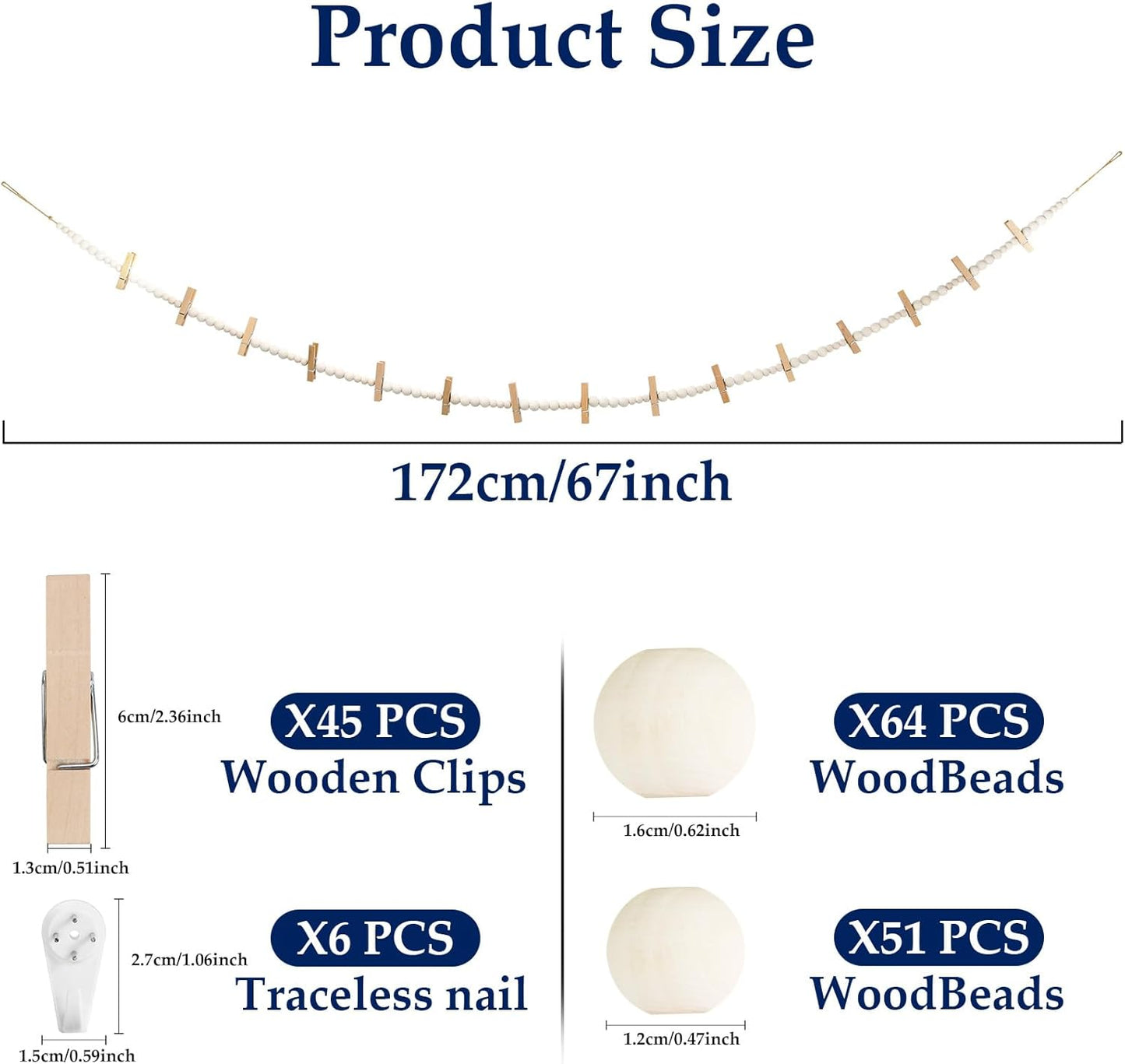 Hanging Photo Display Wall Decor with 45 Wood Clips, 67 Inches Boho Wooden Bead Garland Collage Picture Frame Photos String DIY, Photo Hanger for Bedroom Office Dorm Room Decor Gifts(3PCS)