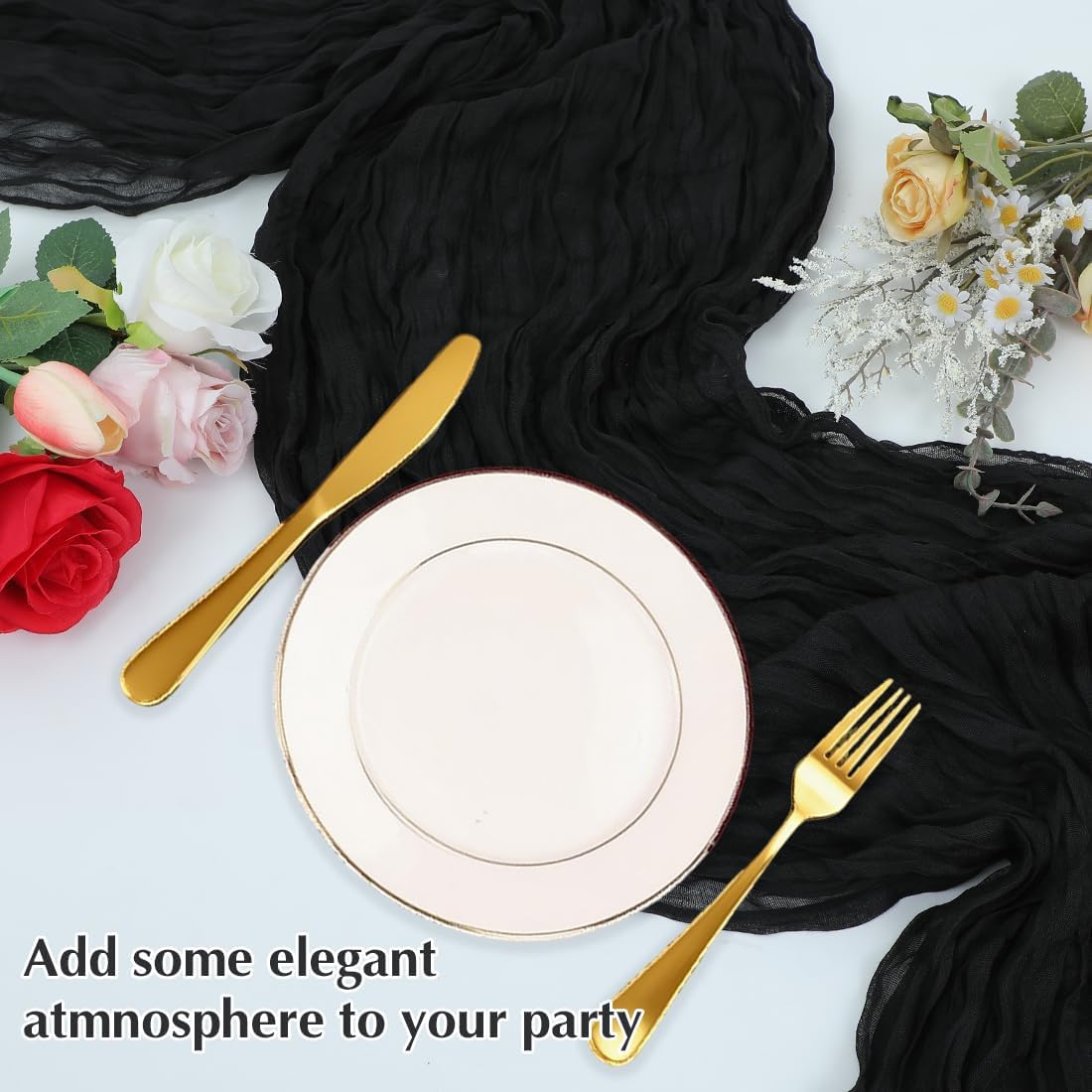 Black Cheesecloth Table Runner -21*120Inch Long Boho Wedding Table Decor, Rustic Gauze Fabric Runner for Bridal Showers, Baby Showers & Parties (Sheer, Lightweight, Wrinkled Design)