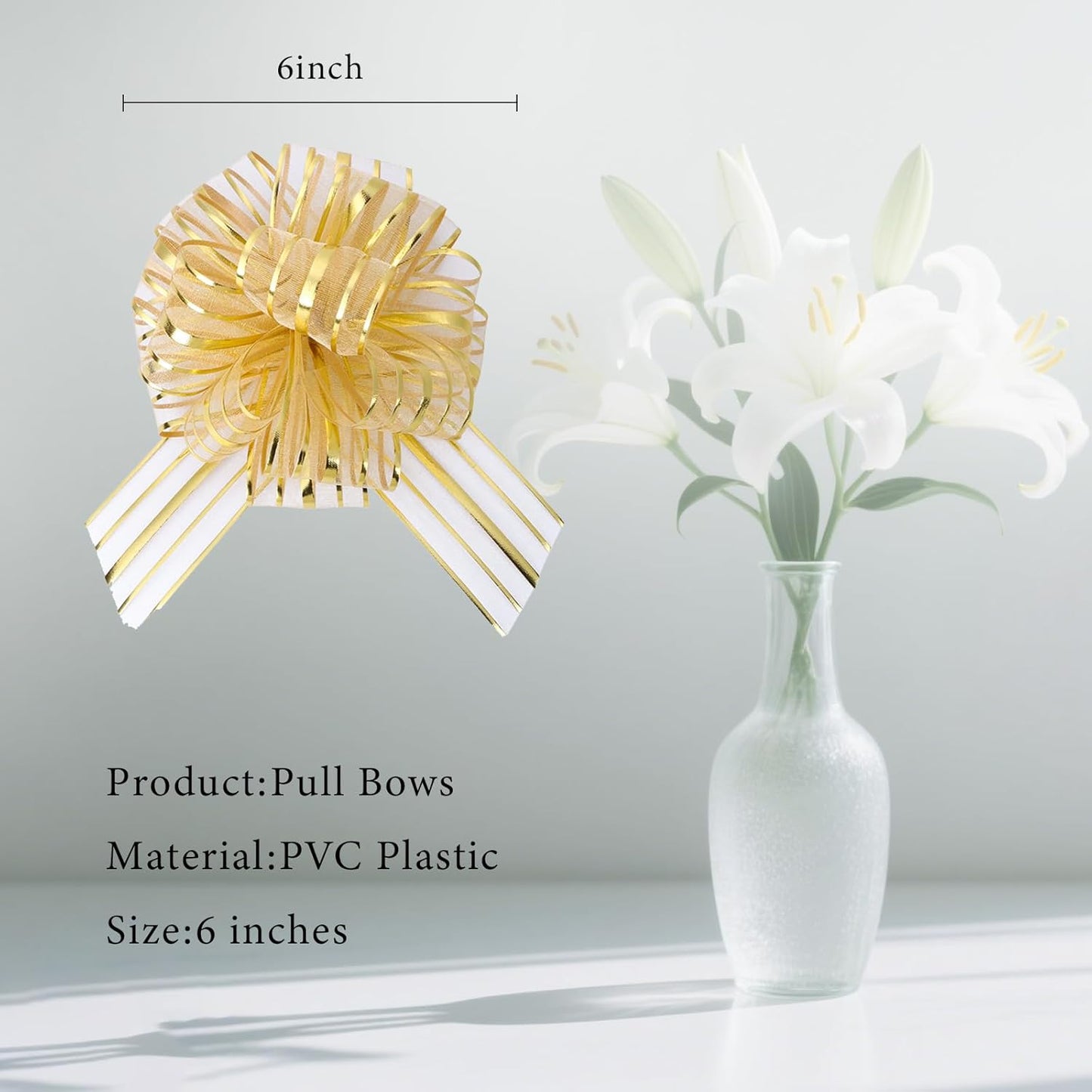 12 Pcs 6 Inch Large Organza Pull Bow Ribbon – Elegant Gift Bows for Wedding Decorations, Christmas Wrapping, Birthday Parties, Car Decor, Gift Baskets, and Valentine's Day Packaging(Golden)