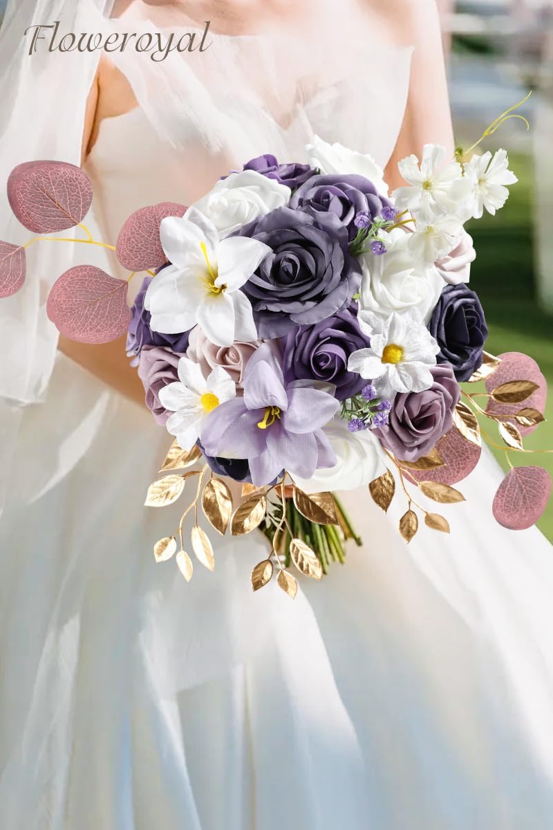 Floweroyal Artificial Flowers Combo Purple Flowers Mix Silk Flowers Fake Roses with Stems for DIY Wedding Bridal Bouquets, Baby Shower, Floral Arrangement, Table Centerpieces, Home Decorations