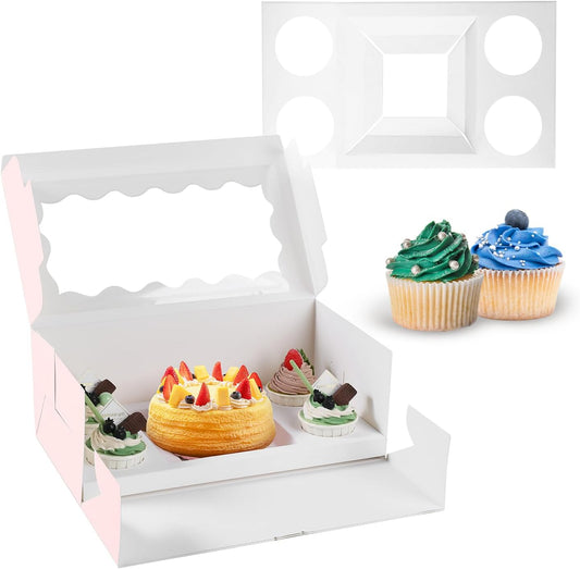 JCD 8 Packs Pink Bento Cake and Cupcake Box 5 Holes Fit 4 Cupcakes and 1 Mini Cakes Cupcake Combo Boxes for Party Bakery Supplies (Pink 1+4/8Pcs)