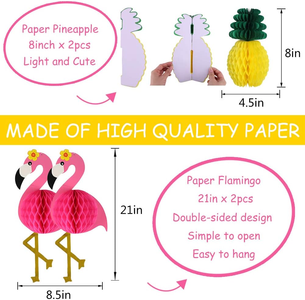 YUNXUAN Flamingo Party Supplies, Hawaiian Party Decorations Flamingo and Pineapple Honeycomb Ball Paper Lanterns Paper Fans Pom poms Flowers for Birthday Luau Tropical Bachelorette Party