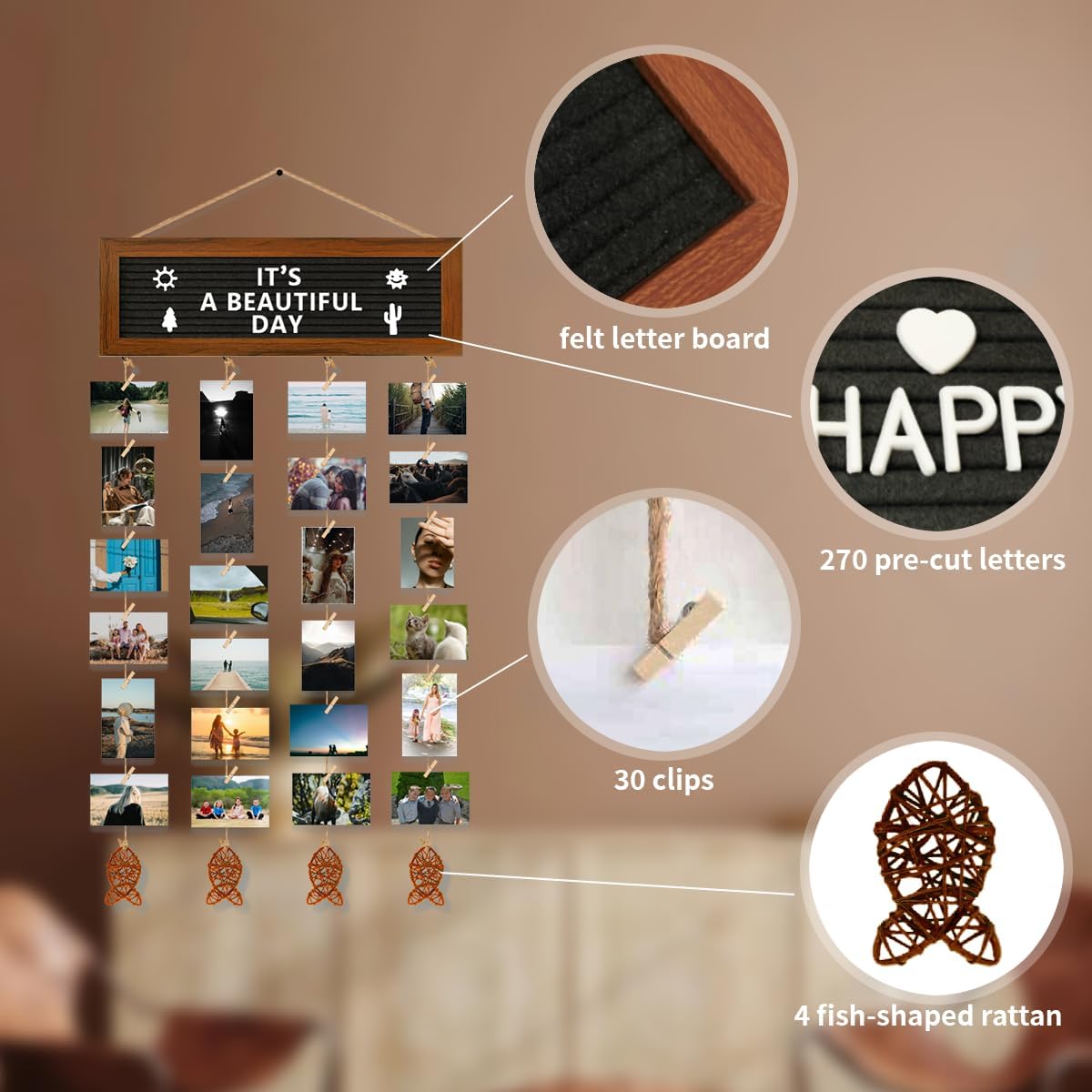 Hanging Photo Display Wall Decor, Picture Frames Collage Felt Letter Board with 270 Letters and 30 Clips, DIY Boho Dorm Room Decor for Wall, Mothers Day Party Birthday Gifts