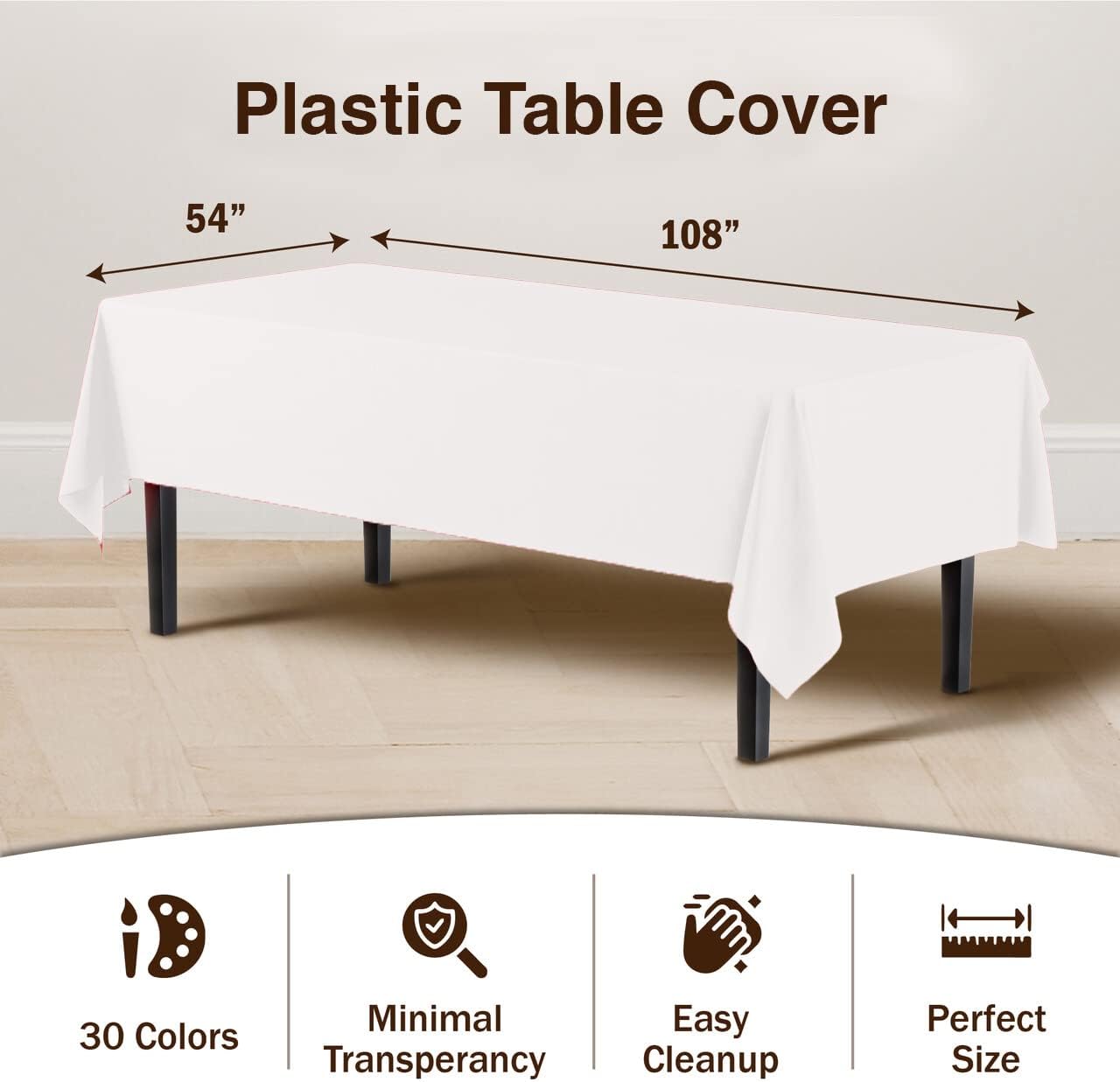 Exquisite 12-Pack Premium Plastic Tablecloth 54 Inch. x 108 Inch. Rectangle Table Cover-White