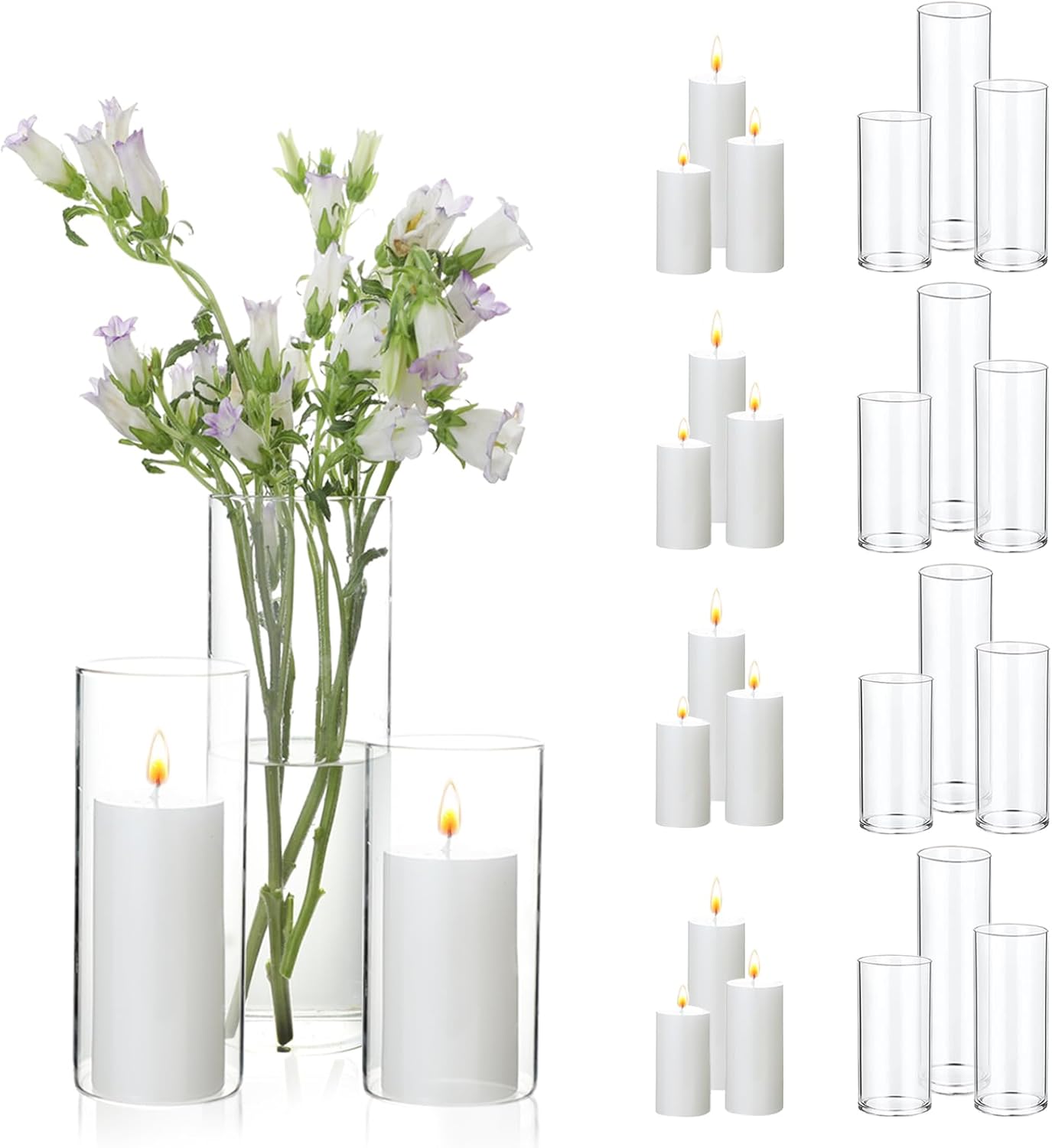 UDU Set of 12 White Pillar Candles and 12 Glass Cylinder Vases Hurricane Holders, Slim Pillar Candle Holder, Cylinder Vases for Centerpieces Wedding Table Party Home Decor(2.6" X 4.7", 5.9", 7.9")