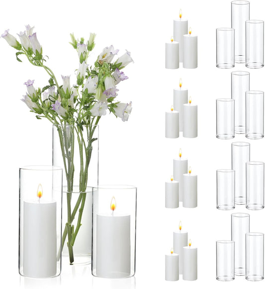 UDU Set of 12 White Pillar Candles and 12 Glass Cylinder Vases Hurricane Holders, Slim Pillar Candle Holder, Cylinder Vases for Centerpieces Wedding Table Party Home Decor(2.6" X 4.7", 5.9", 7.9")