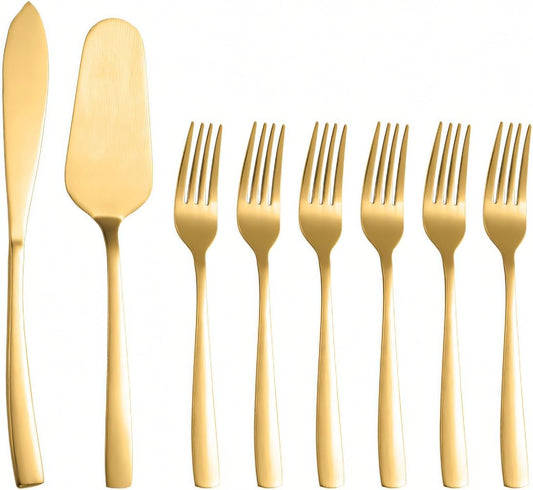 Cake Knife and Server Set with 6 Cake Forks Heavy Duty Thickened 18/0 Stainless Steel Pie Spatula with Comfortable Handle Cake Cutting Set for Wedding (Gold)