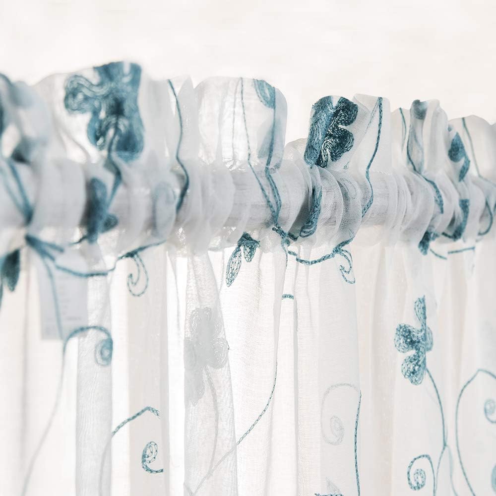 Sheer Curtains Blue 45 Inch Embroidered Floral, Rod Pocket Voile Drapes for Living room, Bedroom, Window Treatments Semi Crinkle Curtain Panels for Yard, Patio, Villa, Parlor, Set of 2, 52"x 45".