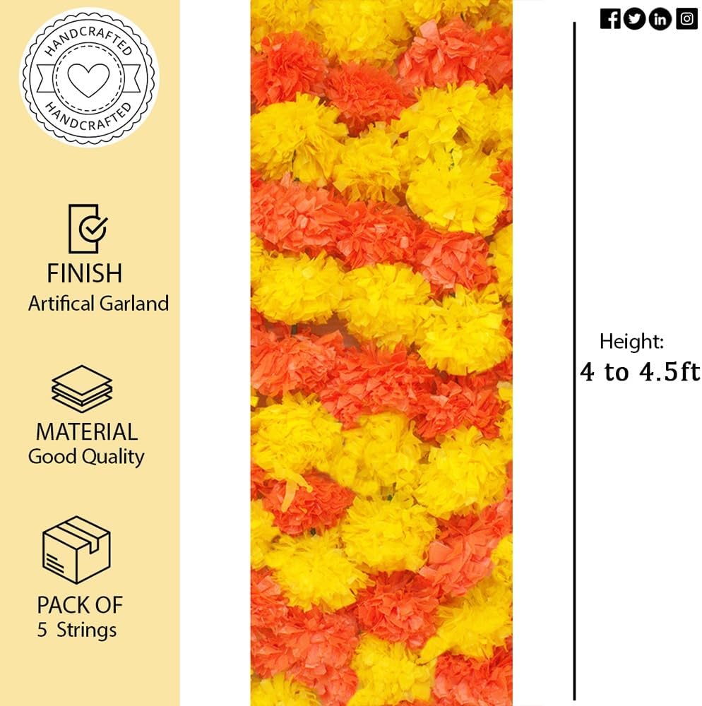 Marigold Garlands for Decorations Pack of 5 - Artificial Marigold Flowers for Decorations -Indian Decor for Pooja, Indian Flower Garland (Yellow Orange Combination | 4 to 4.5 Ft) Hashcart®