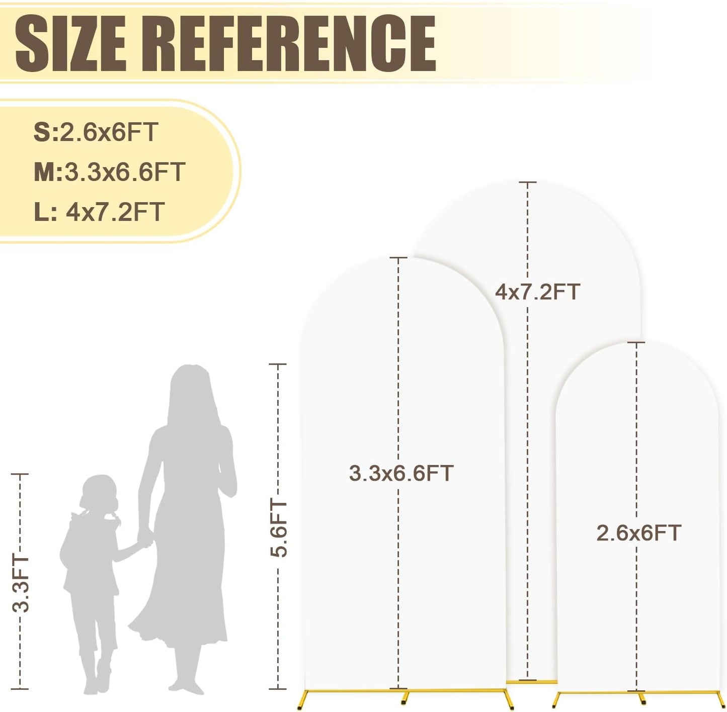 MODFUNS Arch Backdrop Stand with Cover 6&6.6&7.2ft Gold Wedding Arch Stand Set of 3 White Arch Backdrop Covers Backdrops Stand for Party Birthday Banquet Wedding Arched Frame