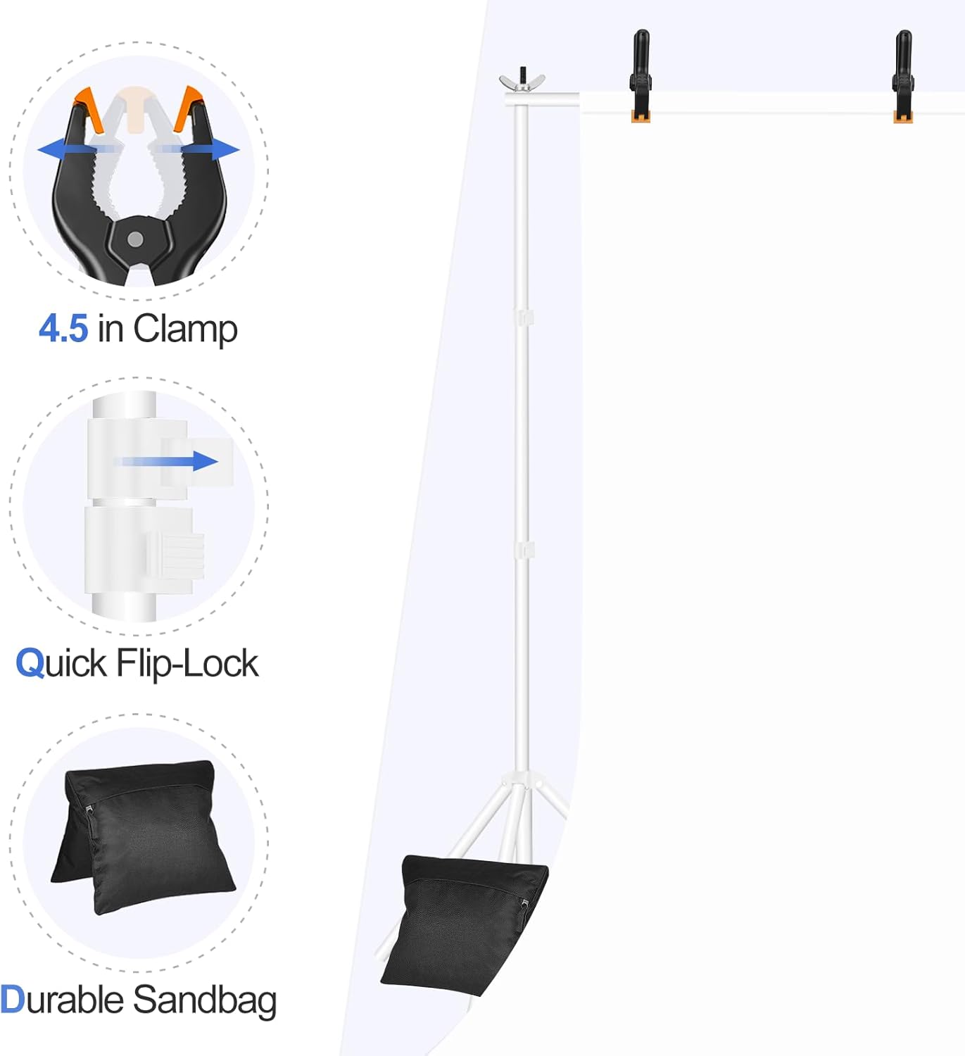 EMART Backdrop Stand 10x8.5ft(WxH) Photo Studio Adjustable Background Stand Support kit with 2 Crossbars, 8 Clamps, 2 Sandbags and Carry Bag for Parties, Events Decoration, Wedding, Photography -White