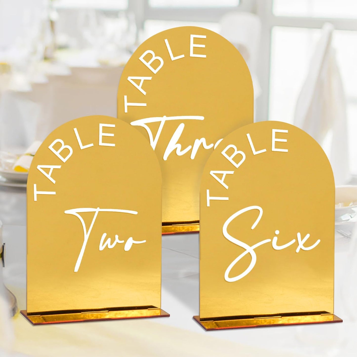 Gold Mirror Arch Wedding Table Numbers 1-15 with Stands, 5x7 Inch Acrylic Arch Sign with Holder for Wedding Reception Table Centerpiece Decoration(Gold Mirror)