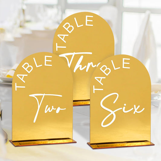 Gold Mirror Arch Wedding Table Numbers 1-15 with Stands, 5x7 Inch Acrylic Arch Sign with Holder for Wedding Reception Table Centerpiece Decoration(Gold Mirror)
