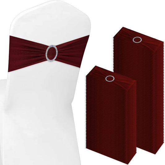 CHENGU 150 Pieces Spandex Stretch Chair Sashes Bows Elastic Chair Cover Bands Ties with Buckle Slider for Wedding Party Reception Events Universal Ceremony Banquet Decorations(Burgundy)