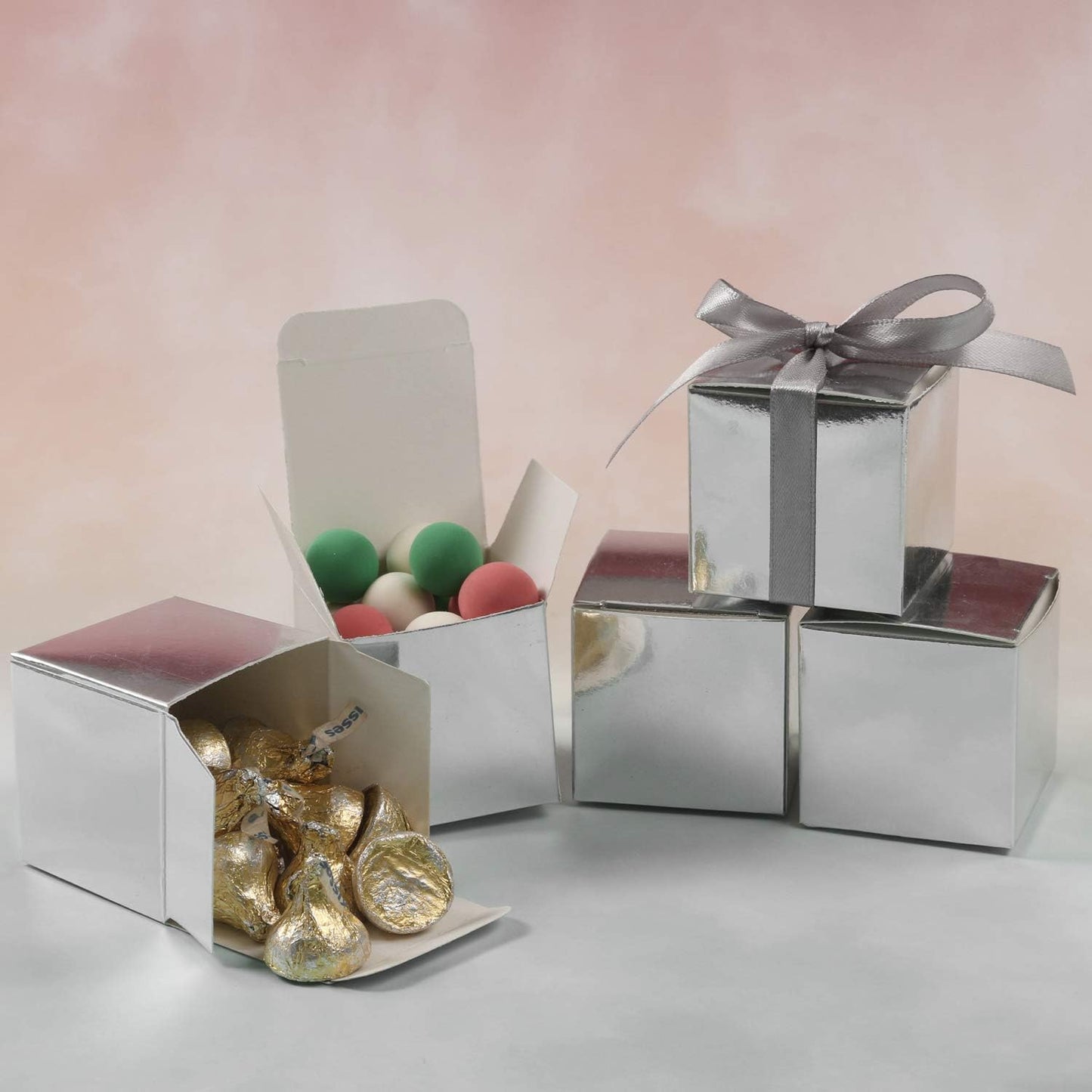 COTOPHER 100pcs Wedding Favor Boxes, Paper Gift Boxes 3x3x3 Inches Small Gift Boxes with Ribbons Small Boxes for Gifts, Crafting, Cupcake, Candy, Bridesmaid Proposal Boxes (Metallic Silver)