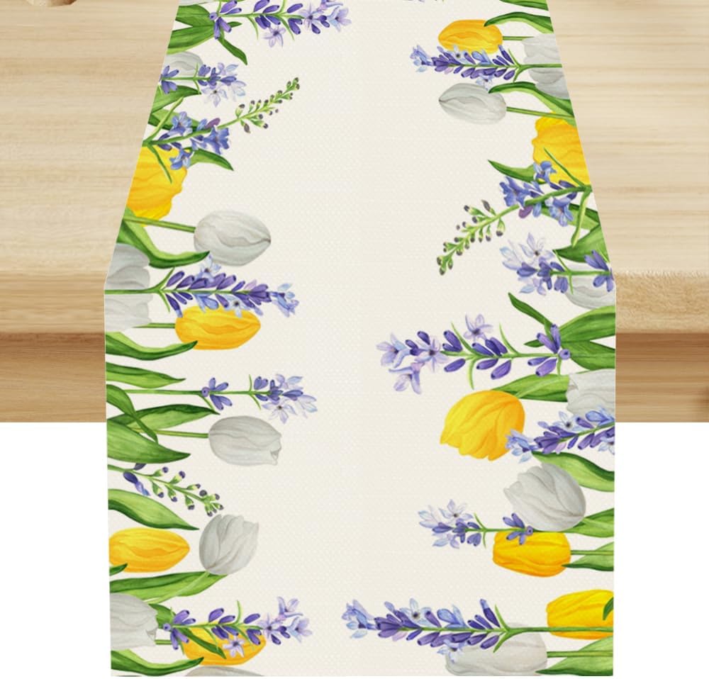 Floral Tulip Lavender Table Runner, Spring Watercolor Flower Plants Nature Butterfly Table Runner for Kitchen Dinner Living Room Home Party, 13x90 Inch