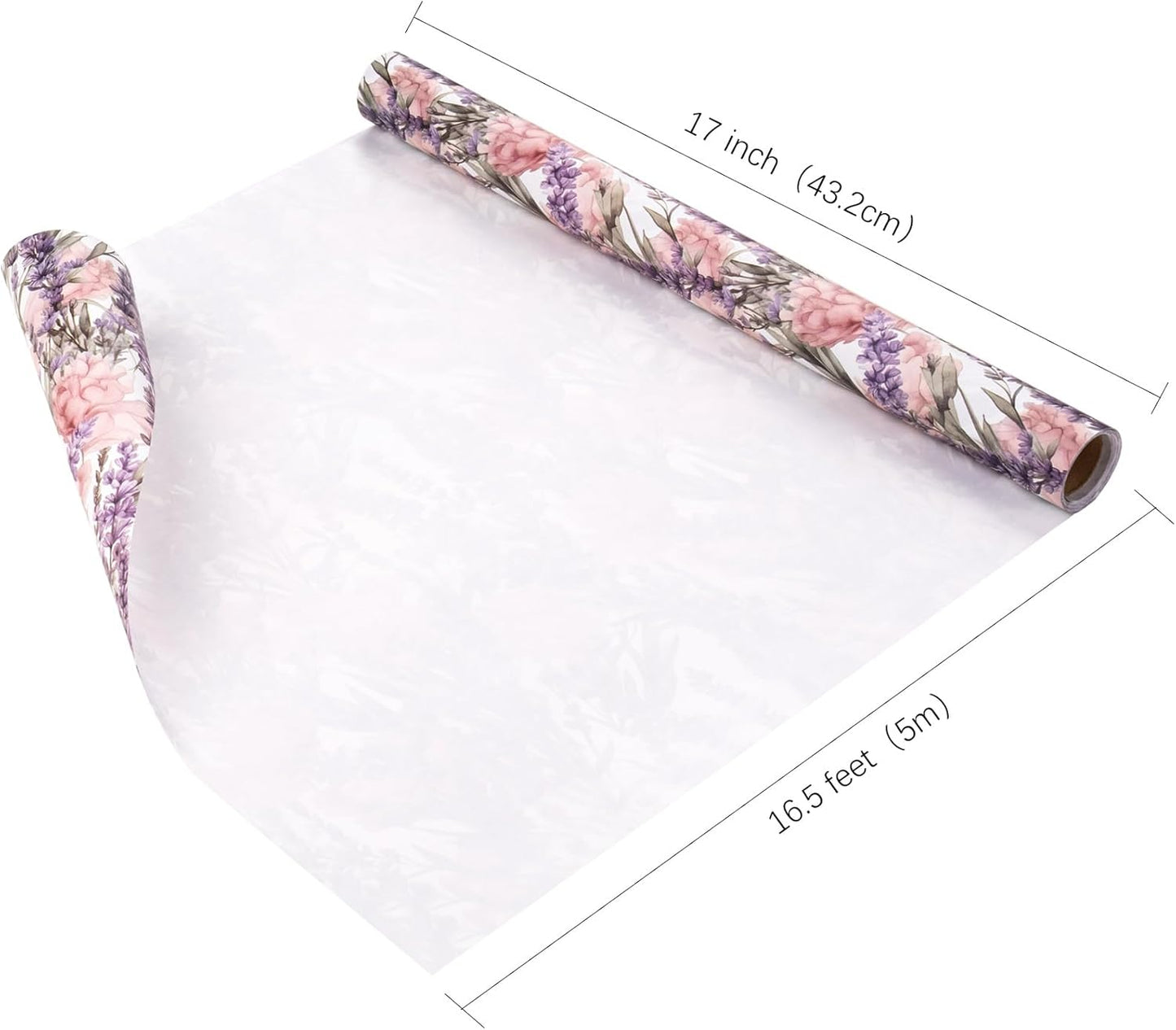 WRAPAHOLIC Kraft Floral Wrapping Paper - Mini Roll - 17 Inch x 16.5 Feet - Purple Lavender Flower Wrapping Paper for Wedding, Birthday, Bridal Shower, Tea Party, Drawer Liners, Home Closet Shelves