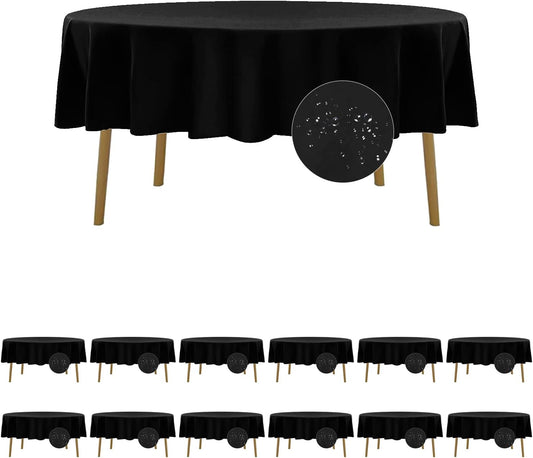 Fokitut 12 Pack Waterproof Round Tablecloth, 90 Inch, Stain Resistant and Wrinkle Polyester Table Cloth, Fabric Table Cover for Kitchen Dining, Wedding, Party, Holiday Dinner-Black