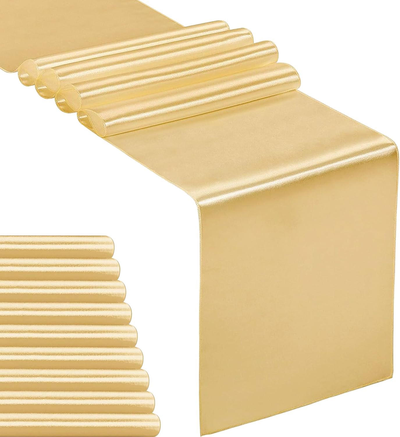 10-Pack Satin Table Runner Light Gold 12 x 108 inches Long, Table Runners for Wedding, Birthday Parties, Banquets Decorations（10 Pack, 12x108 Inch, Light Gold）