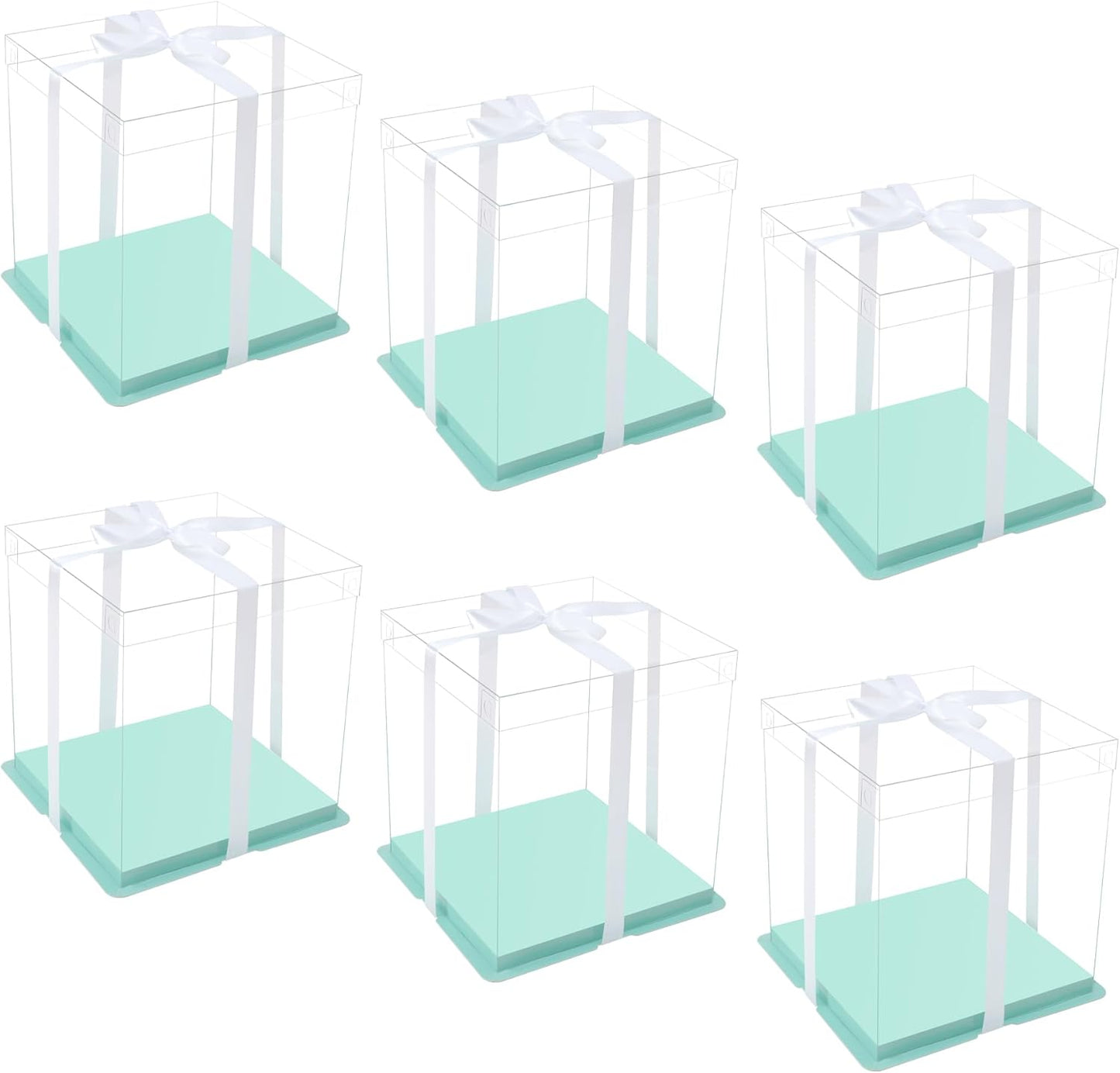 XININSUN clear cake box with ribbon,10inch 12inch cake boxes,transparent tall cake box cake carrier,Square Cardboard Cake Containers clear gift box for Wedding,Birthday,Party(6pcs-green)
