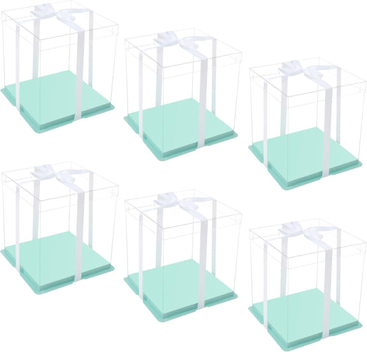 XININSUN clear cake box with ribbon,10inch 12inch cake boxes,transparent tall cake box cake carrier,Square Cardboard Cake Containers clear gift box for Wedding,Birthday,Party(6pcs-green)