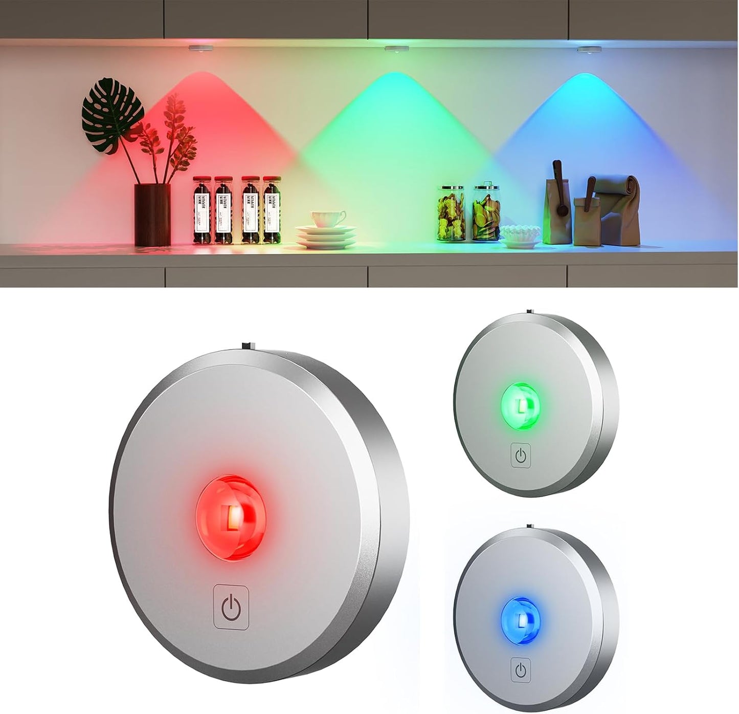 RGB Puck Lights with Remote Control, 2000mAh Rechargeable Stick on Led Lights, 9 Colors & 2 Dynamic, Tap Light with Timing,Under Cabinet Lighting for Closet,Kitchen,Cabinet,Shelf(Silver, 3 Pack)