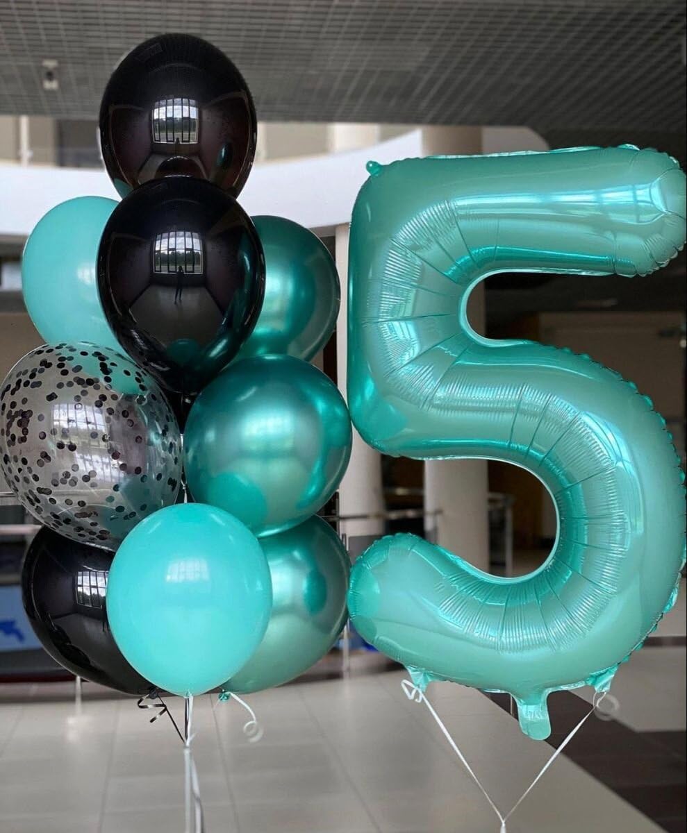 Teal Blue 40 Inch Large Number 5 Birthday Balloon, 2025 Five 5th 15 25 35 50 55 Birthday Celebration Decorations, Teal Blue Foil 5 Mylar Helium Balloons Girl Boy Anniversary Party Supplies