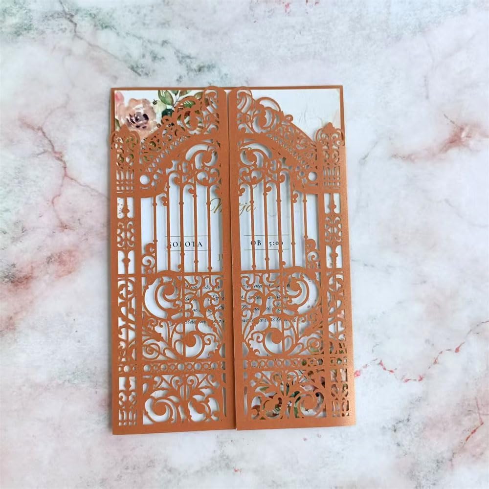 MillaSaw Bronze Fence Laser Cut Invitation Cards Pocket With Envelope For Wedding Engagement Birthday Cocktail Party 25 Sets (bronzed, 5.1"x7.1")