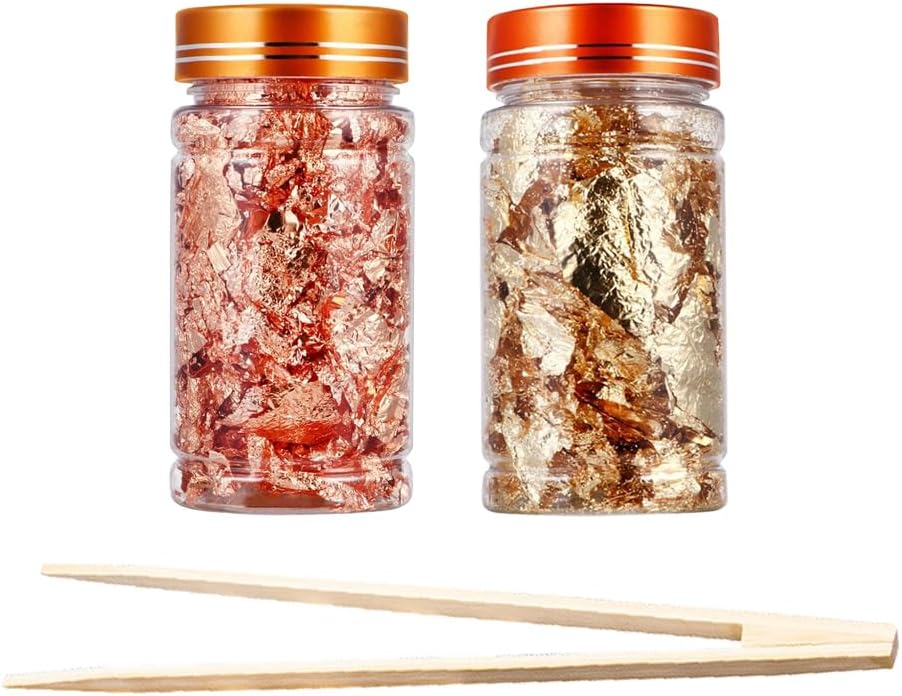 Joyzan Gold Flakes, Gold Foil Leaf Decoration Imitation Metallic Chocolates Baking Sheet Cake Decor Tweezers Resin Cooking Dessert Makeup Nail Art DIY Craft Jewelry Making Painting Slime 20g 2 Bottles